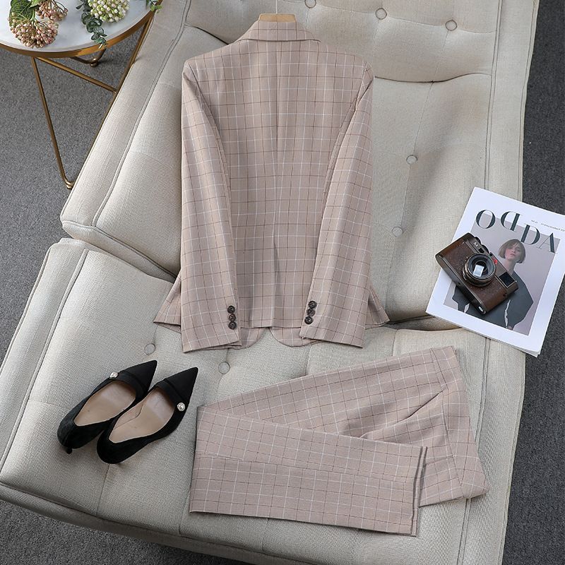 Women's business checkered suit set, British style, elegant and fashionable, high-end professional suit, work pants