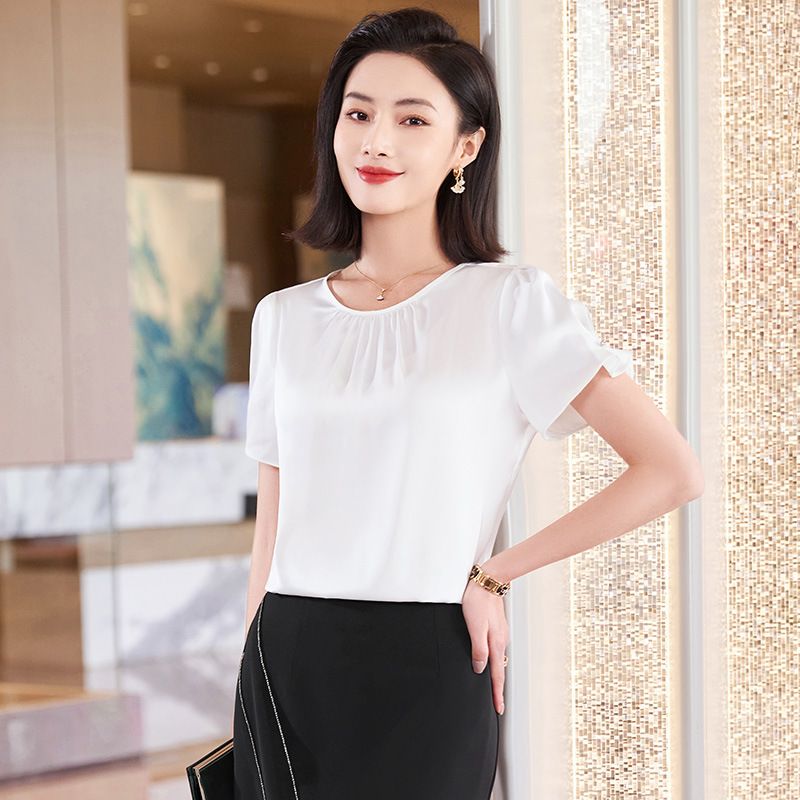 women white black 95% silk t shirt women short sleeve cozy breathable silk t shirt