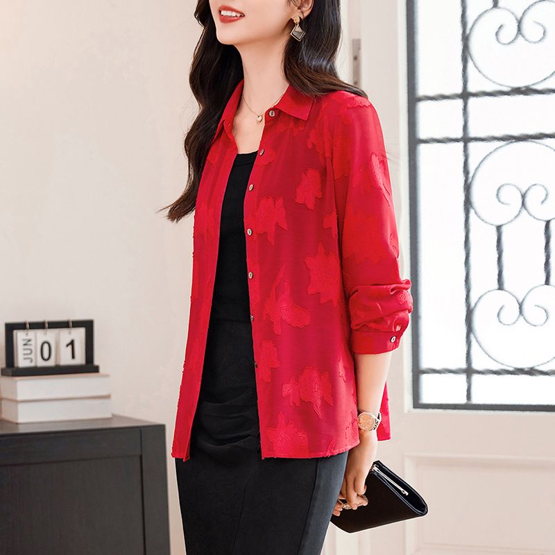 Women's new fashion velvet stitching translucent shirt retro lapel single-breasted long-sleeved female tops