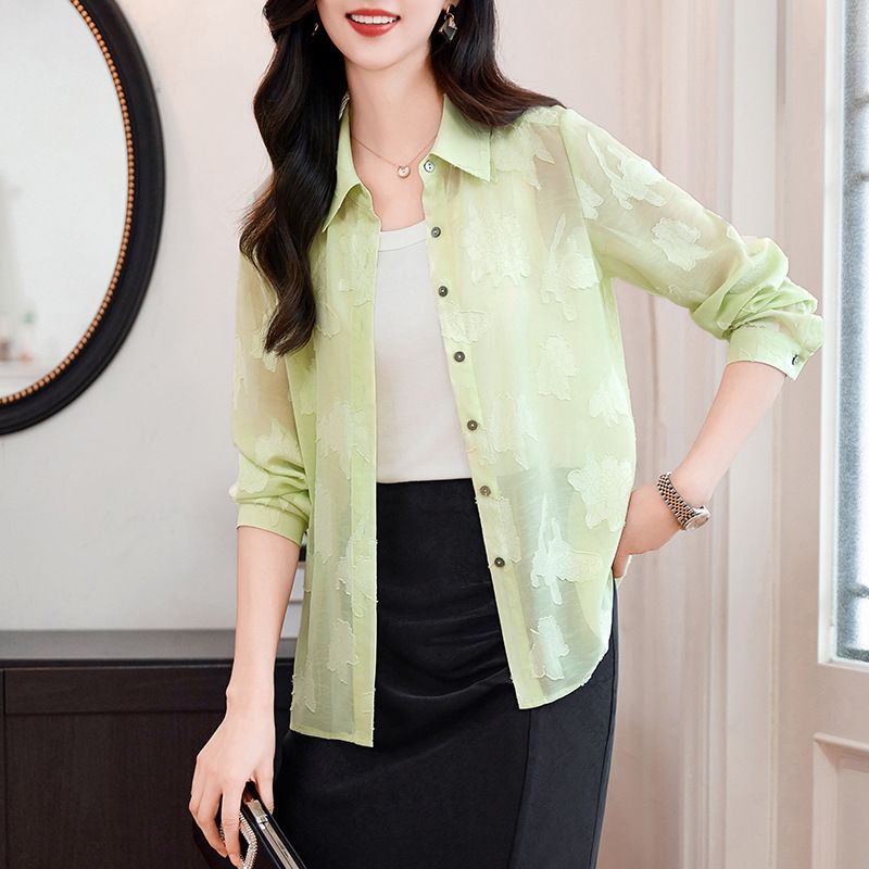 Women's new fashion velvet stitching translucent shirt retro lapel single-breasted long-sleeved female tops