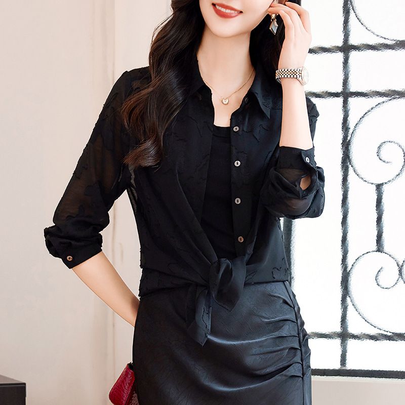 Women's new fashion velvet stitching translucent shirt retro lapel single-breasted long-sleeved female tops