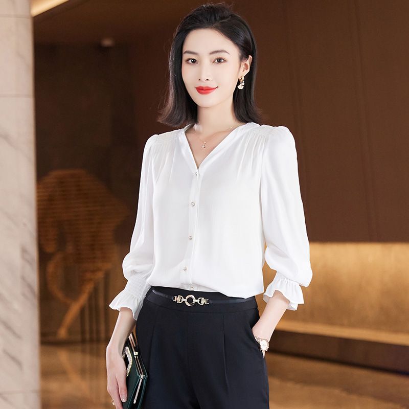 Spring Summer Elegant Blouse Women Korean Chiffon Shirt Women Long Sleeve Ruffled Women's Shirts And Blouses Office Lady Tops
