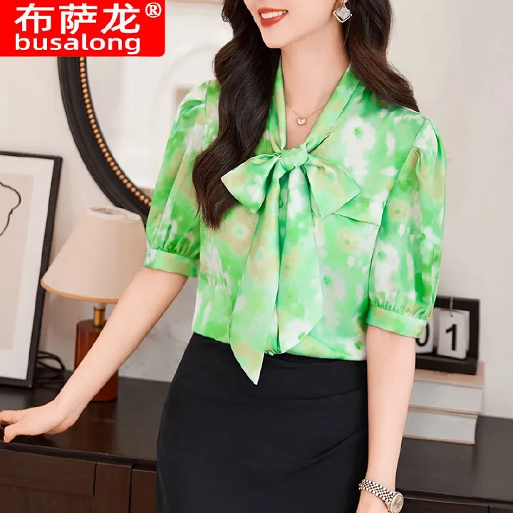 Summer Fashion Casual Floral Print Lace Up Shirts V Neck Long Sleeve Loose Chiffon Blouses Elegant Office Women Clothing