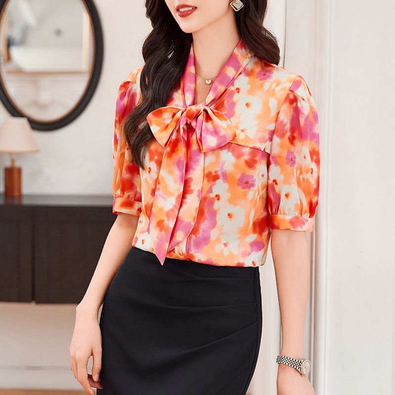 Summer Fashion Casual Floral Print Lace Up Shirts V Neck Long Sleeve Loose Chiffon Blouses Elegant Office Women Clothing