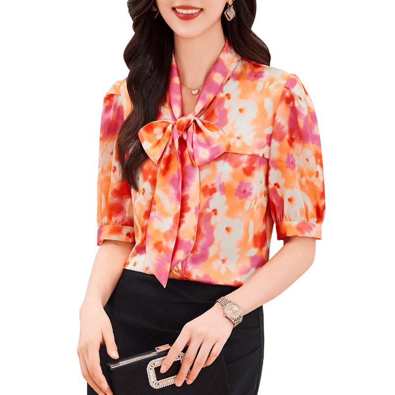 Summer Fashion Casual Floral Print Lace Up Shirts V Neck Long Sleeve Loose Chiffon Blouses Elegant Office Women Clothing