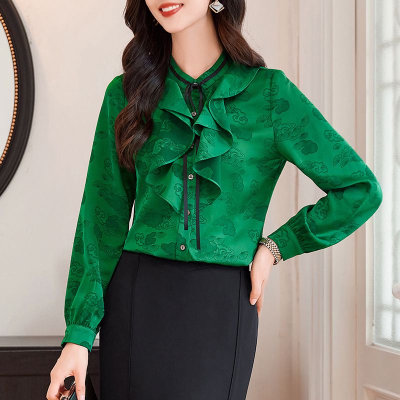 Women's new fashion jacquard round neck long sleeve shirt retro casual new style summer chic women's wear