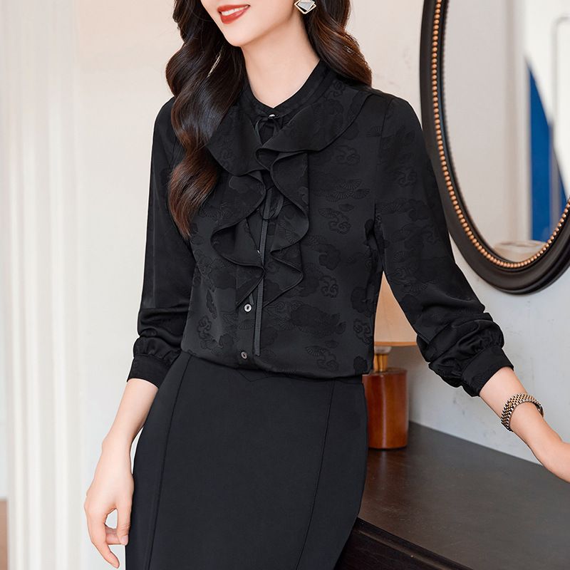 Women's new fashion jacquard round neck long sleeve shirt retro casual new style summer chic women's wear