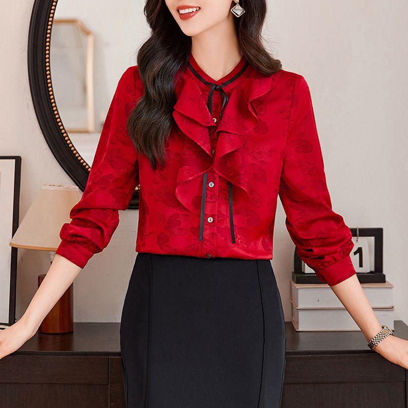 Women's new fashion jacquard round neck long sleeve shirt retro casual new style summer chic women's wear