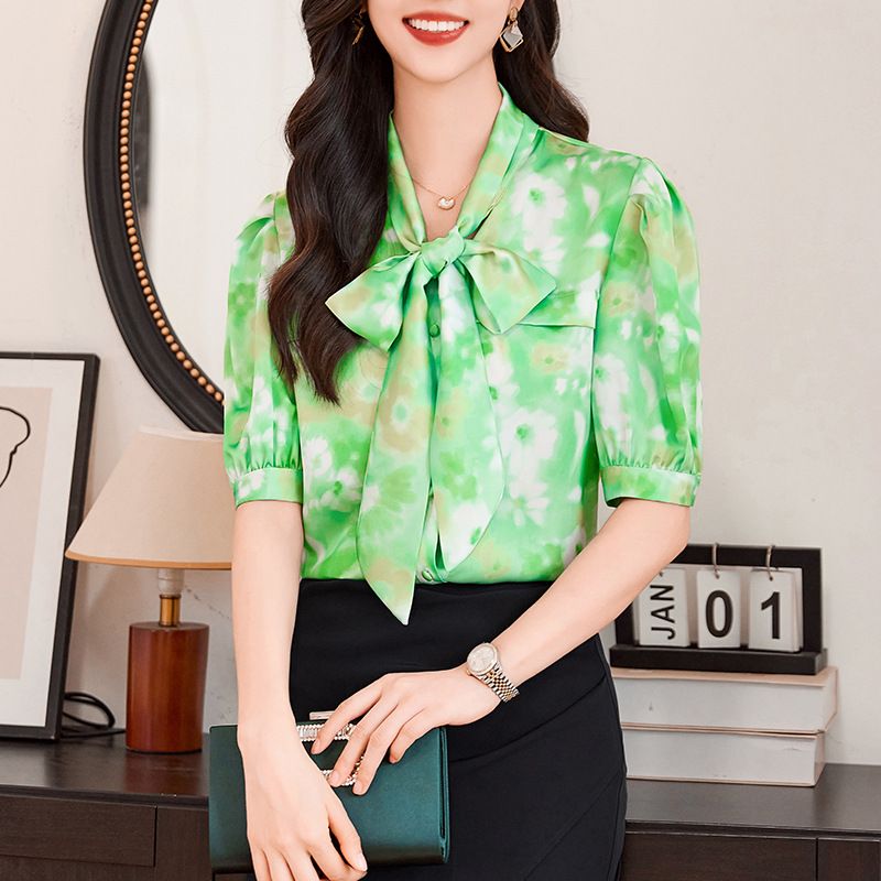 Summer Fashion Casual Floral Print Lace Up Shirts V Neck Long Sleeve Loose Chiffon Blouses Elegant Office Women Clothing