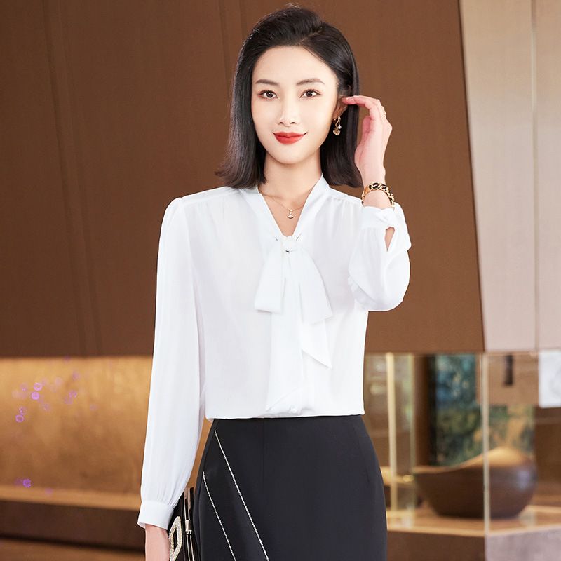 China Factory Direct Sell Dropship Wholesale Simple Bow Shirt for Women Full Sleeve Solid Blouse Office Lady Summer Wear Top