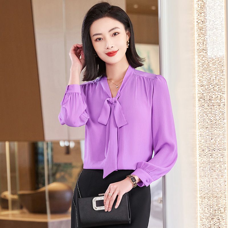 China Factory Direct Sell Dropship Wholesale Simple Bow Shirt for Women Full Sleeve Solid Blouse Office Lady Summer Wear Top