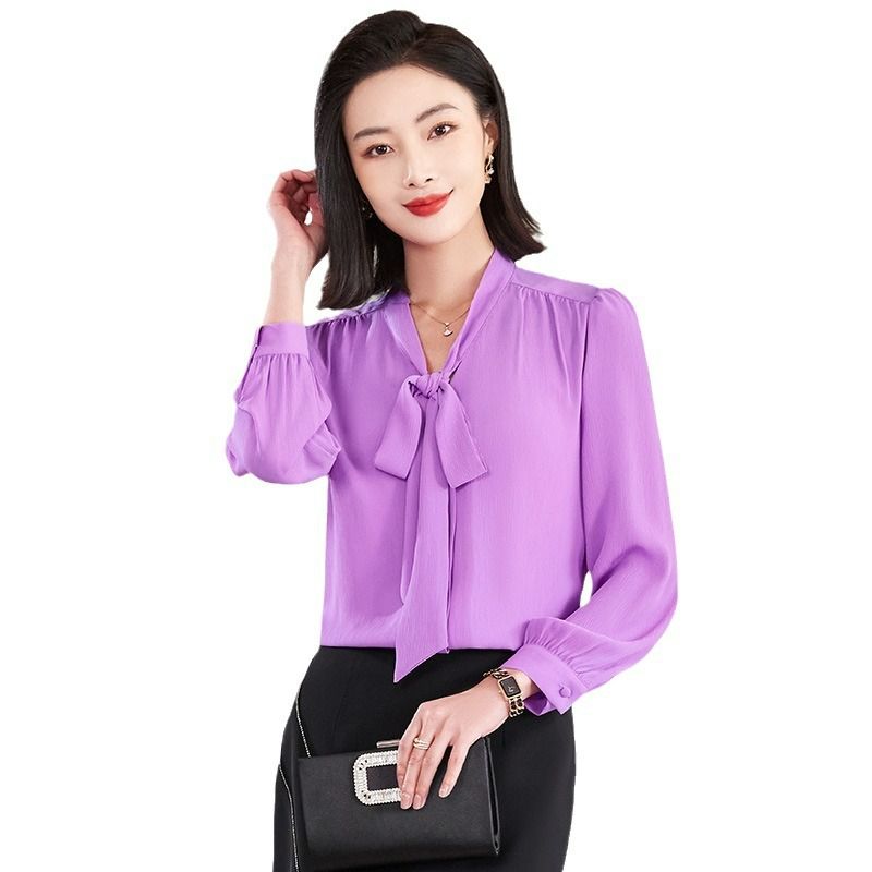 China Factory Direct Sell Dropship Wholesale Simple Bow Shirt for Women Full Sleeve Solid Blouse Office Lady Summer Wear Top