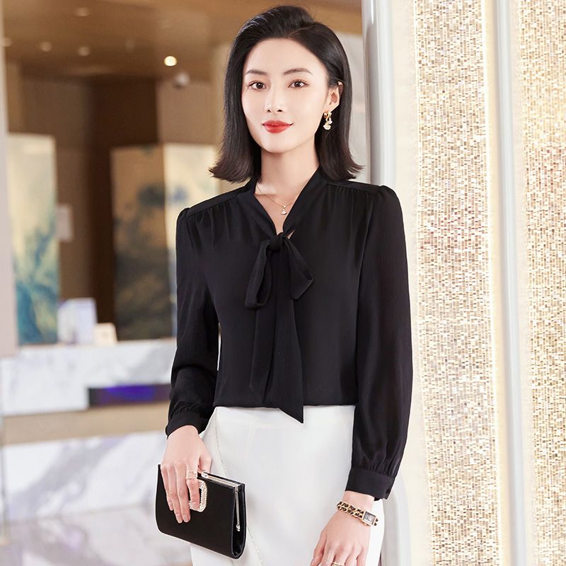China Factory Direct Sell Dropship Wholesale Simple Bow Shirt for Women Full Sleeve Solid Blouse Office Lady Summer Wear Top