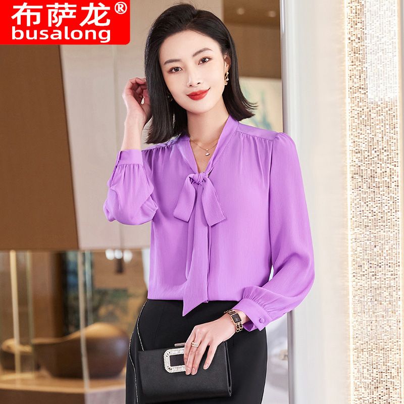 China Factory Direct Sell Dropship Wholesale Simple Bow Shirt for Women Full Sleeve Solid Blouse Office Lady Summer Wear Top