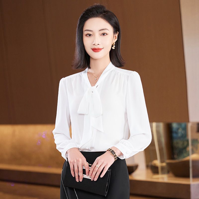 China Factory Direct Sell Dropship Wholesale Simple Bow Shirt for Women Full Sleeve Solid Blouse Office Lady Summer Wear Top