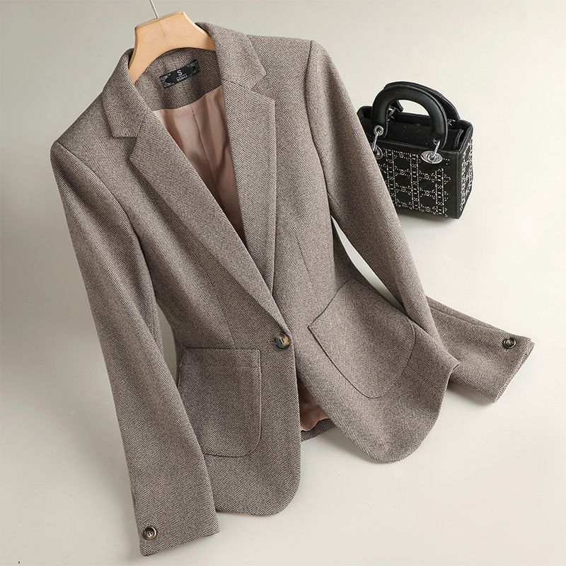 Spring Autumn Women's Pink Plaid Small Suit Jacket Foreign Style Ageing Design Leisure Business Wear Temperament Old