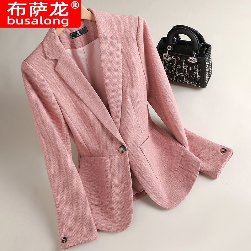 Spring Autumn Women's Pink Plaid Small Suit Jacket Foreign Style Ageing Design Leisure Business Wear Temperament Old