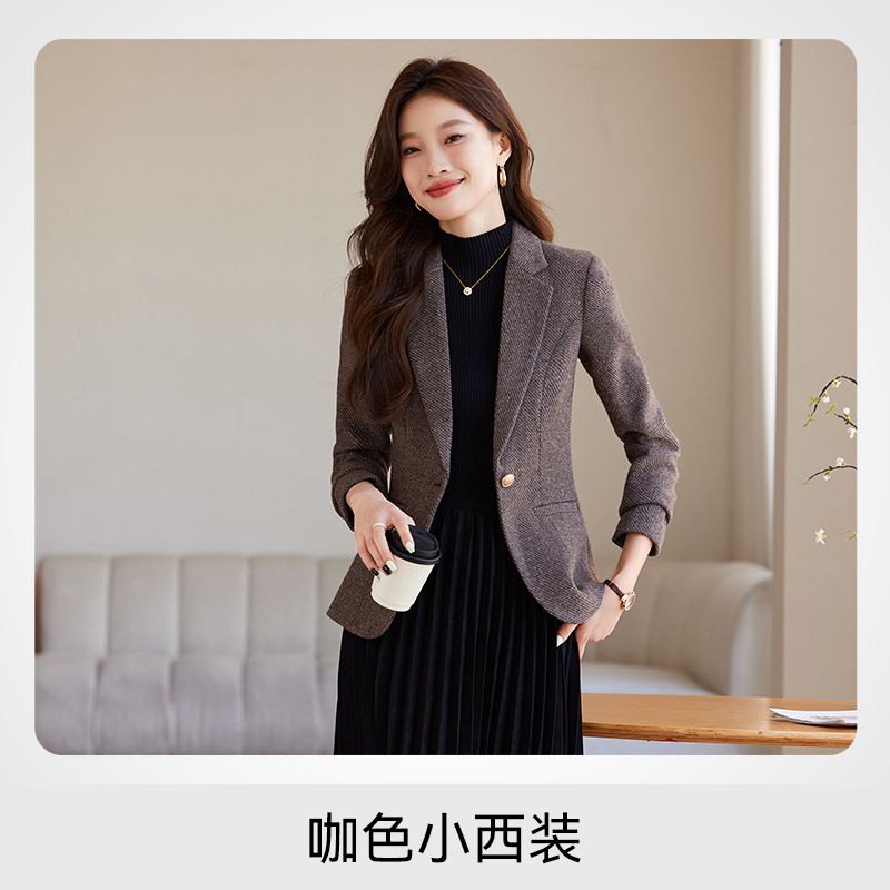 S-4XL Thousand Bird Plaid Woolen Small Suit Coat for Women's Autumn and Winter New Thickened Casual Versatile Slim Fit Suit Top