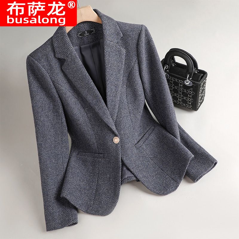 S-4XL Thousand Bird Plaid Woolen Small Suit Coat for Women's Autumn and Winter New Thickened Casual Versatile Slim Fit Suit Top