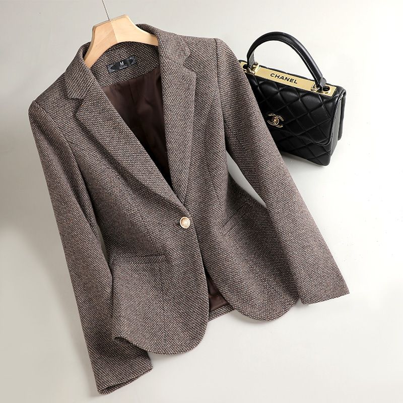 S-4XL Thousand Bird Plaid Woolen Small Suit Coat for Women's Autumn and Winter New Thickened Casual Versatile Slim Fit Suit Top