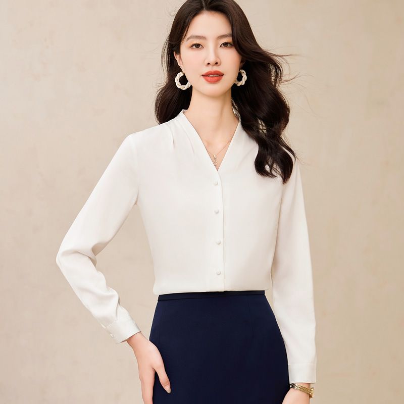 Wholesale High Quality Women's Full Sleeve Shirt Ladies Fashion V-neck Office Formal Blouse  Quality Chiffon Blouse
