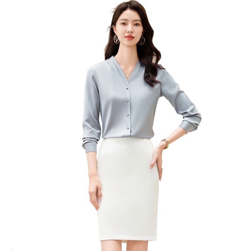Wholesale High Quality Women's Full Sleeve Shirt Ladies Fashion V-neck Office Formal Blouse  Quality Chiffon Blouse