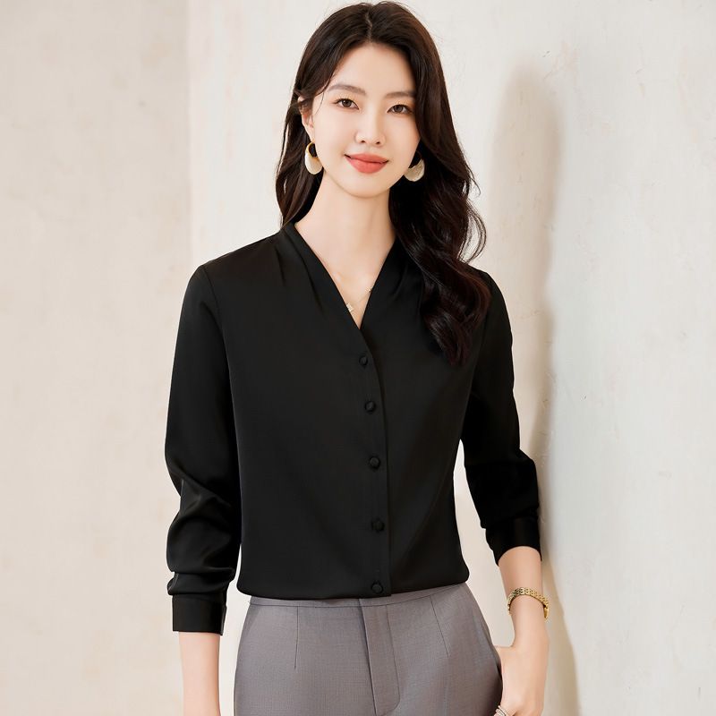 Wholesale High Quality Women's Full Sleeve Shirt Ladies Fashion V-neck Office Formal Blouse  Quality Chiffon Blouse
