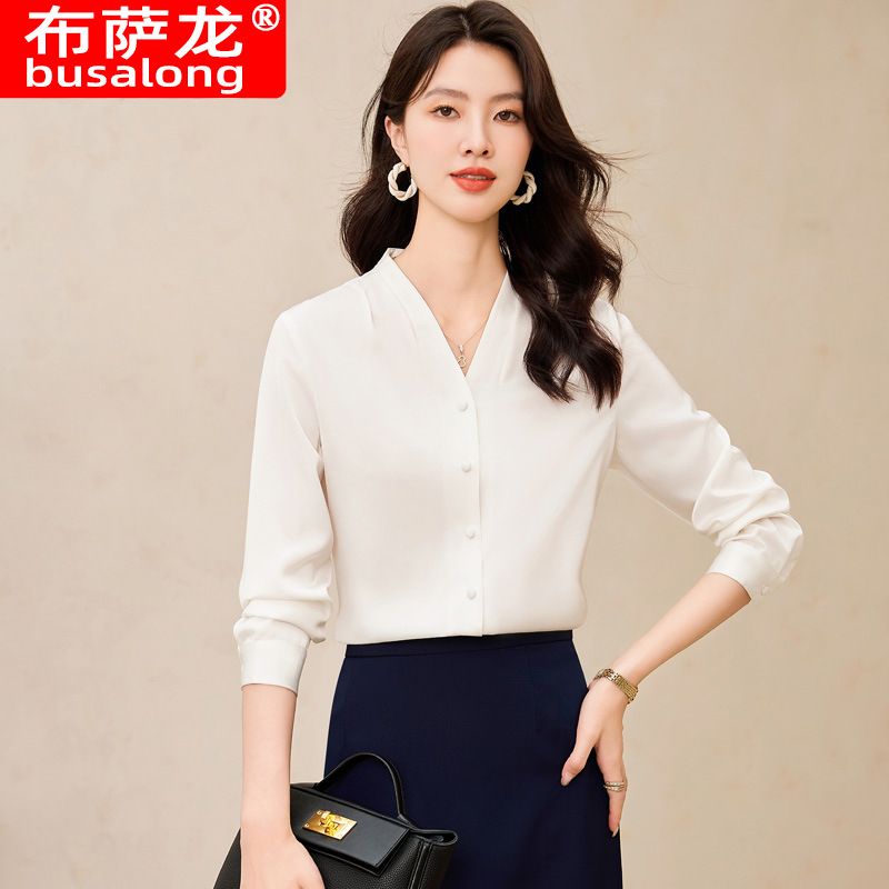 Wholesale High Quality Women's Full Sleeve Shirt Ladies Fashion V-neck Office Formal Blouse  Quality Chiffon Blouse