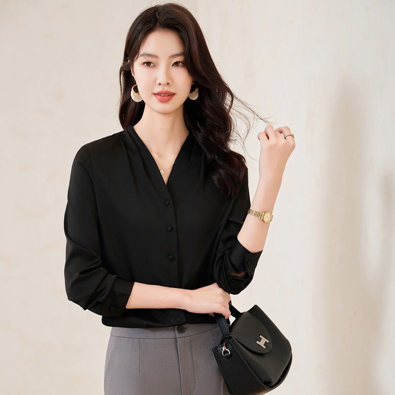 Wholesale High Quality Women's Full Sleeve Shirt Ladies Fashion V-neck Office Formal Blouse  Quality Chiffon Blouse