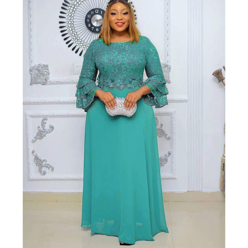 African Kaftan Women Elegant Lace Chiffon Evening Dress Summer Ladies Dress Plus Size Maxi Dress