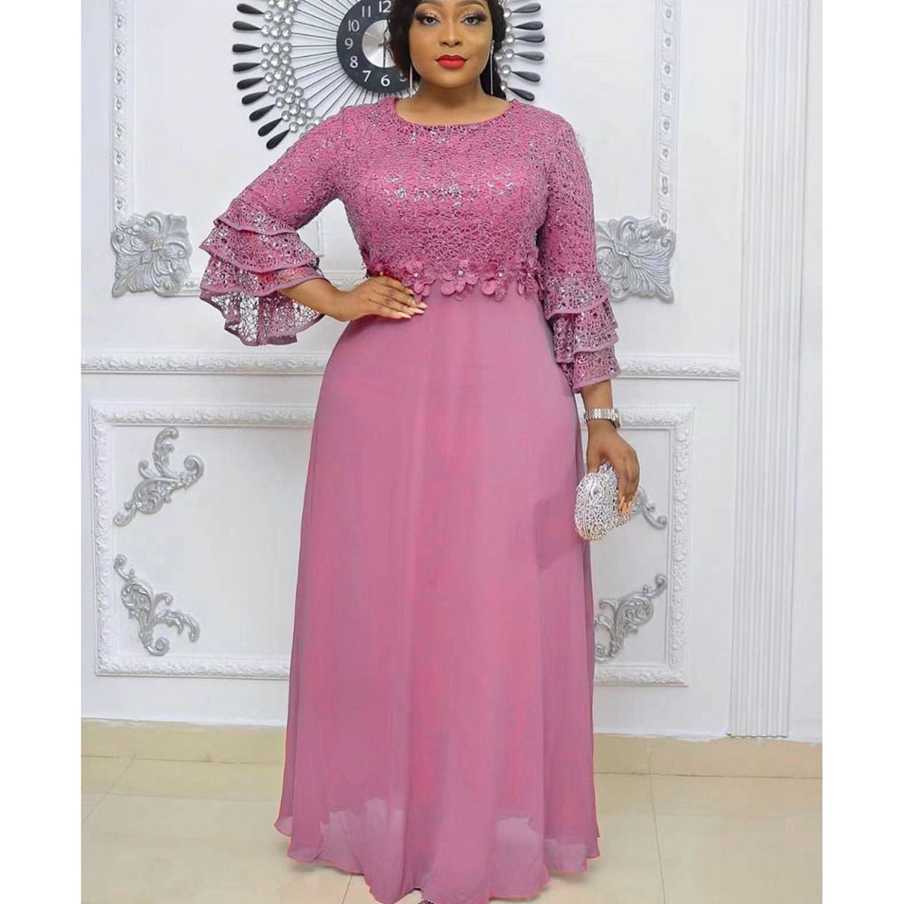 African Kaftan Women Elegant Lace Chiffon Evening Dress Summer Ladies Dress Plus Size Maxi Dress