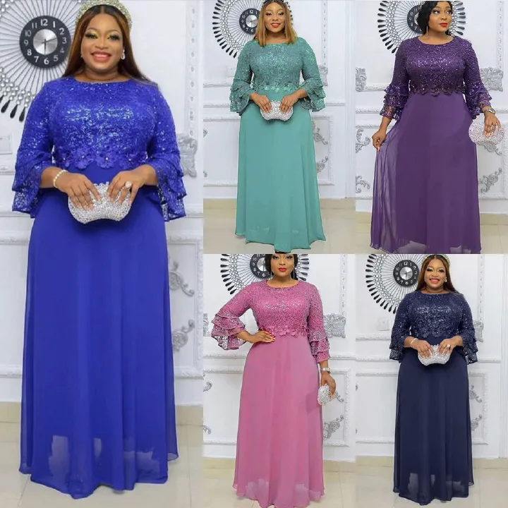 African Kaftan Women Elegant Lace Chiffon Evening Dress Summer Ladies Dress Plus Size Maxi Dress