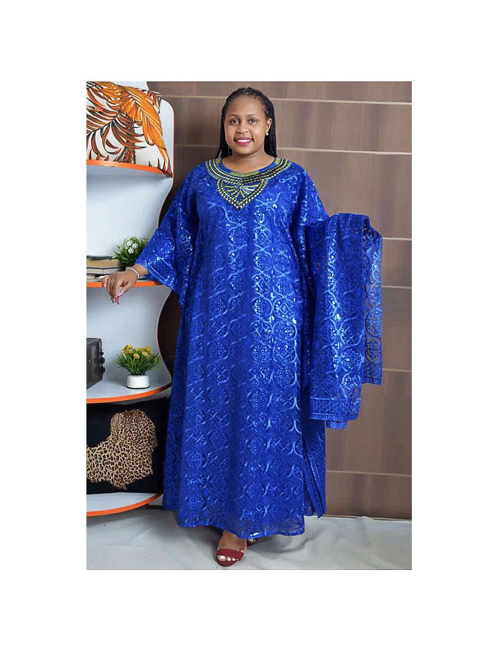 African women's embroidered lace loose bat sleeve three-piece Muslim kaftan dress gown with headscarf