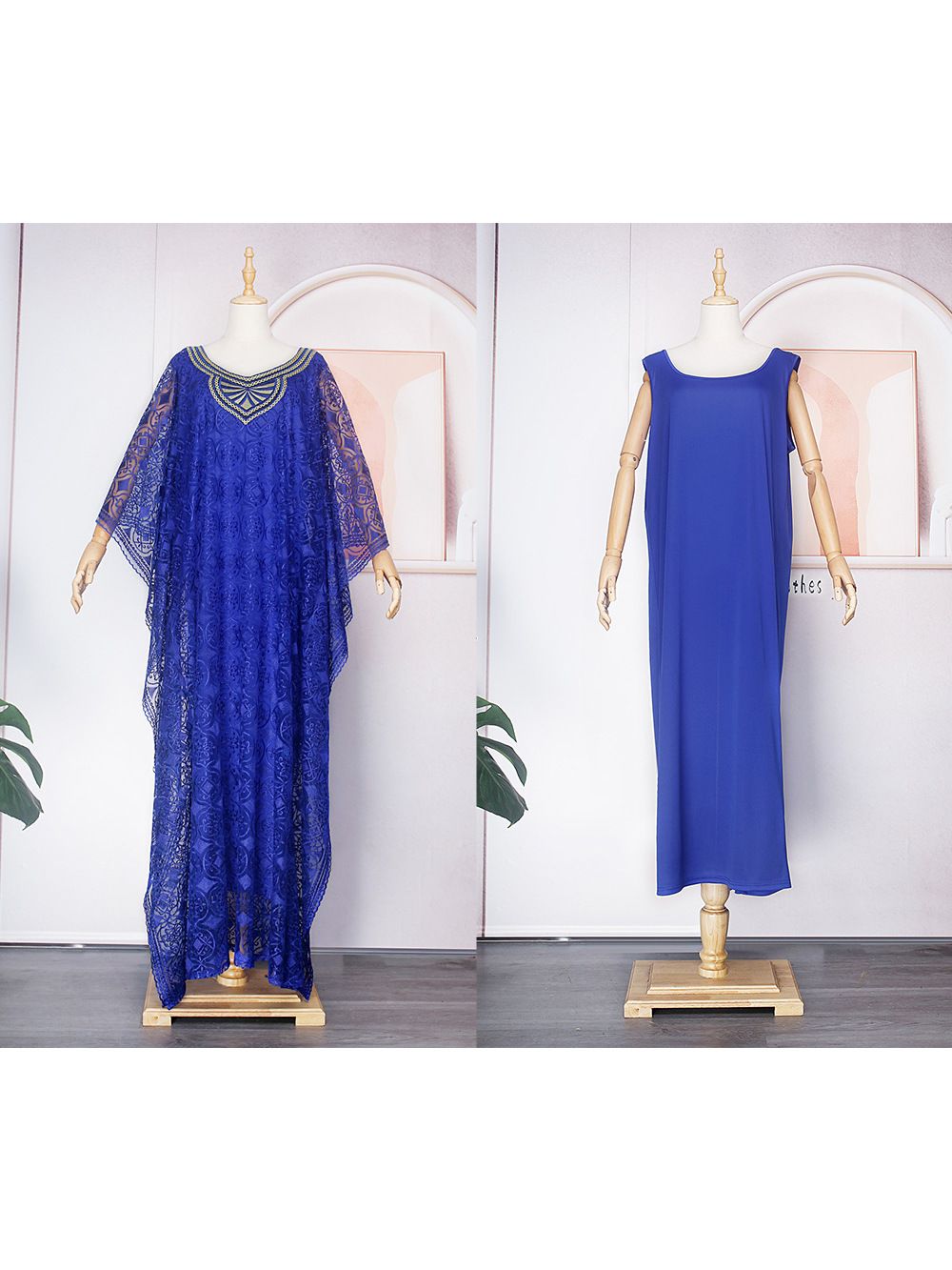 African women's embroidered lace loose bat sleeve three-piece Muslim kaftan dress gown with headscarf