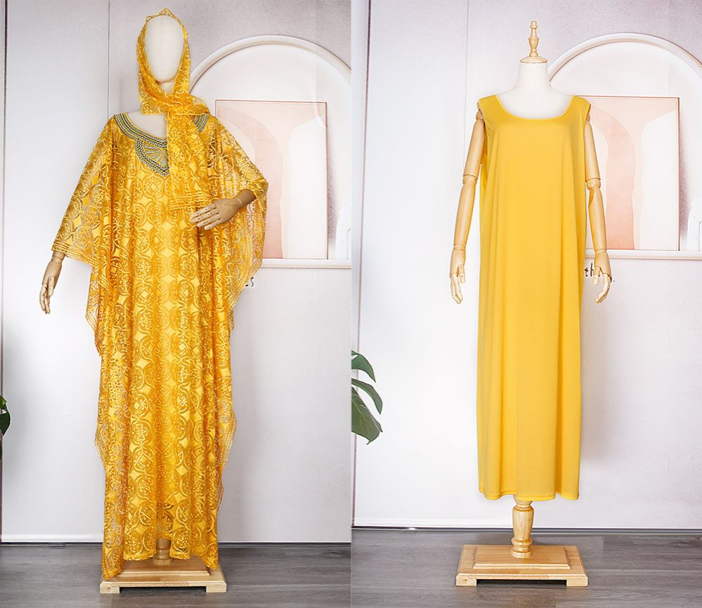 African women's embroidered lace loose bat sleeve three-piece Muslim kaftan dress gown with headscarf