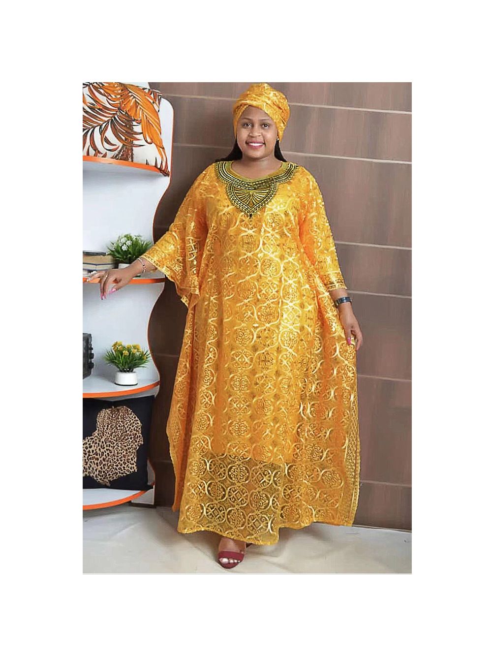 African women's embroidered lace loose bat sleeve three-piece Muslim kaftan dress gown with headscarf