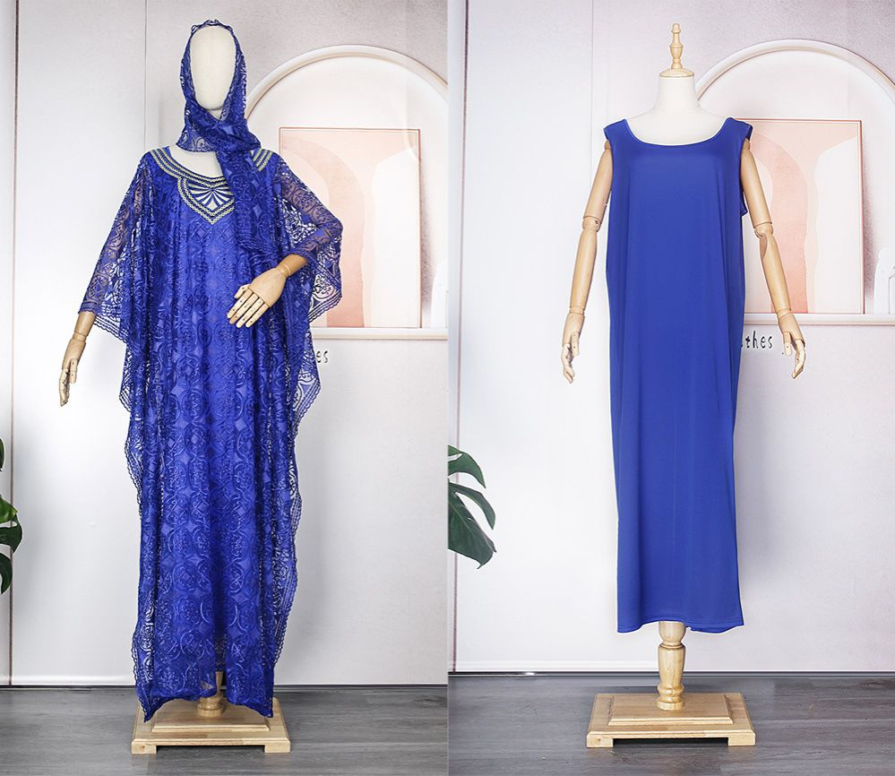 African women's embroidered lace loose bat sleeve three-piece Muslim kaftan dress gown with headscarf