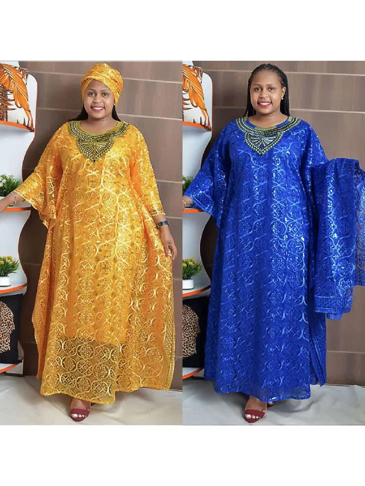 African women's embroidered lace loose bat sleeve three-piece Muslim kaftan dress gown with headscarf