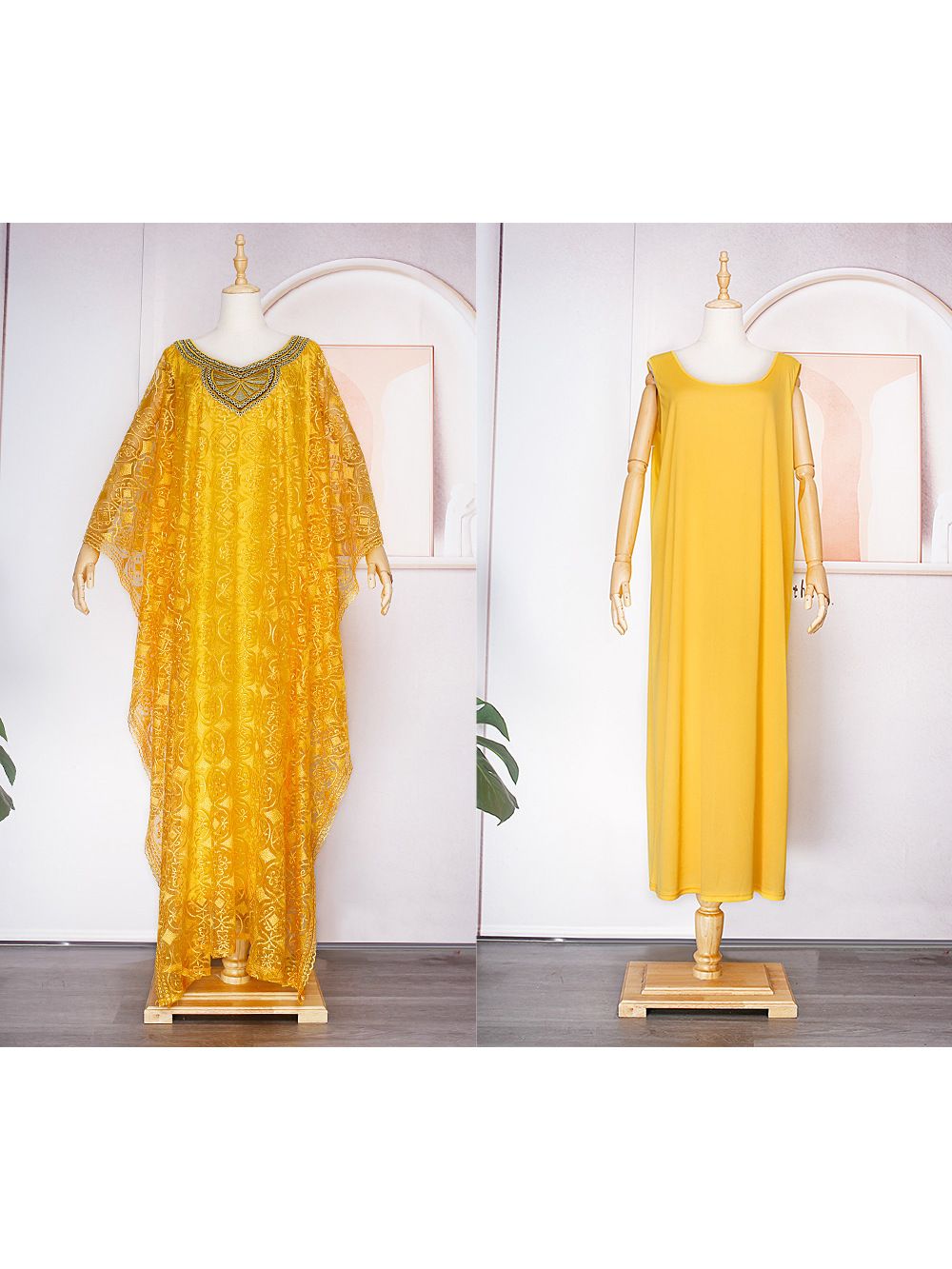 African women's embroidered lace loose bat sleeve three-piece Muslim kaftan dress gown with headscarf