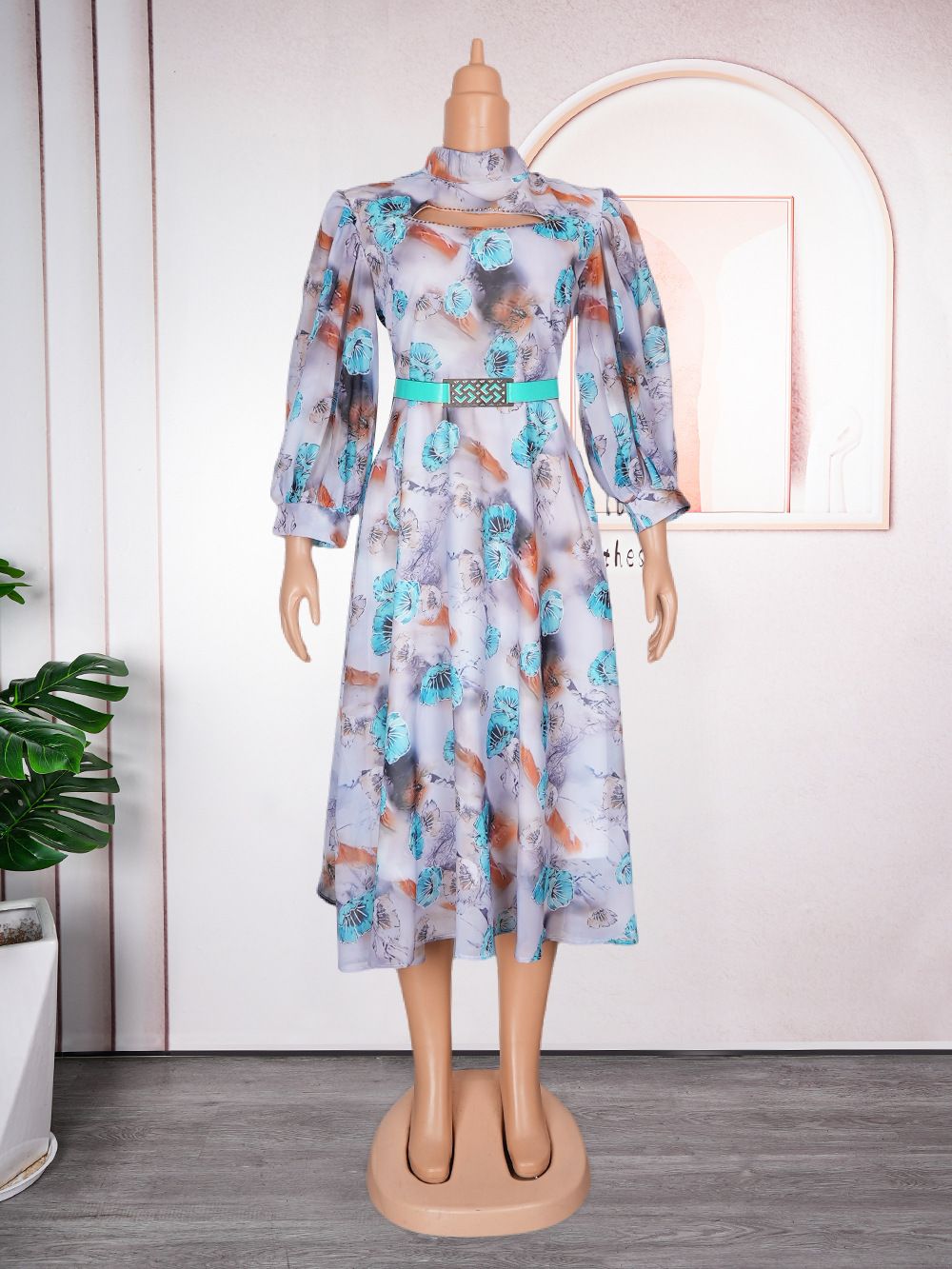 Modest Elegant Floral Long Sleeve Summer Party Banquet Short Dress With Belt For Women