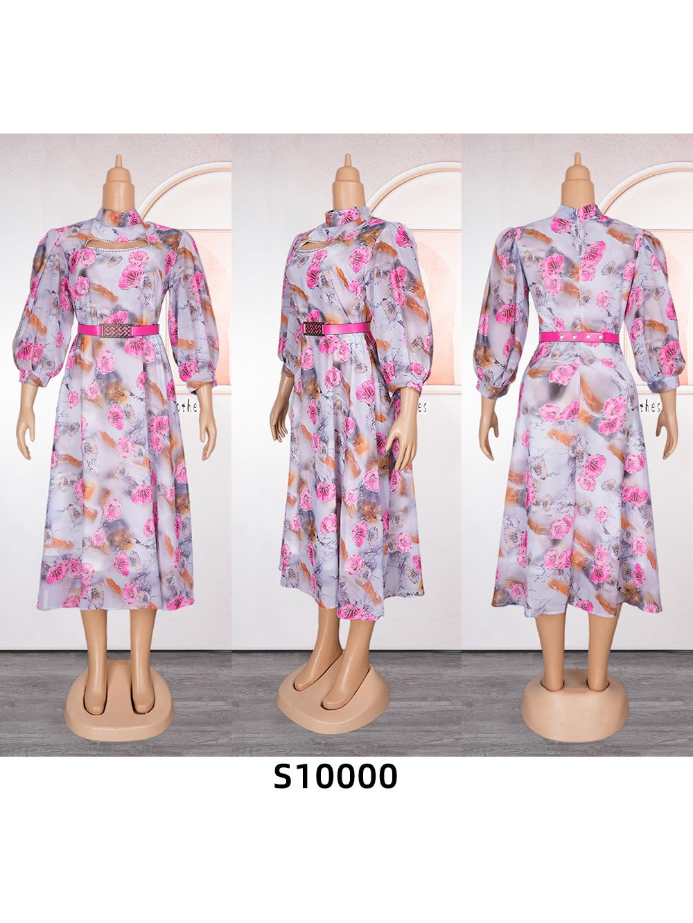 Modest Elegant Floral Long Sleeve Summer Party Banquet Short Dress With Belt For Women