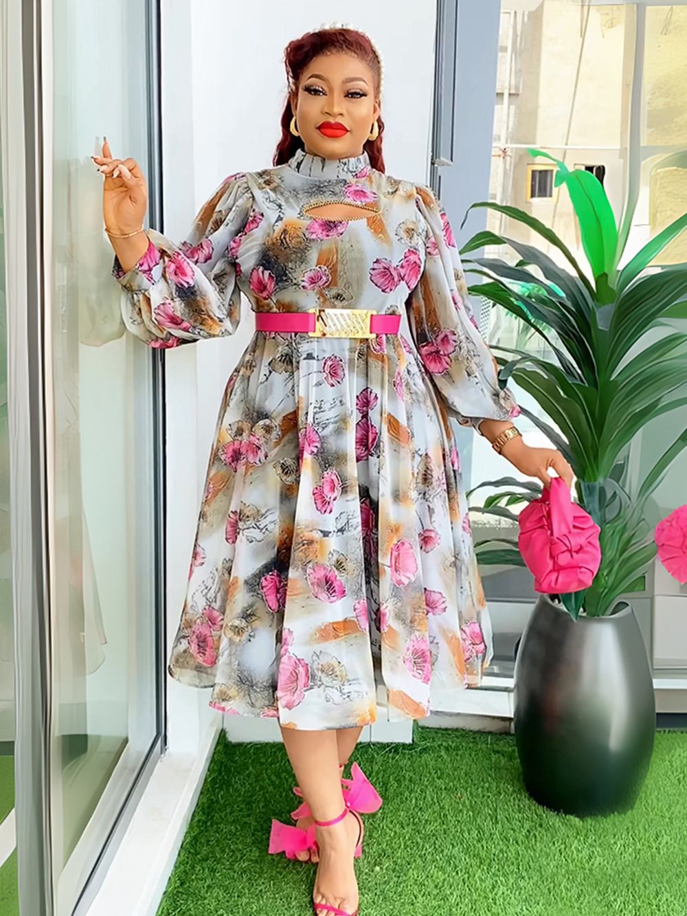 Modest Elegant Floral Long Sleeve Summer Party Banquet Short Dress With Belt For Women