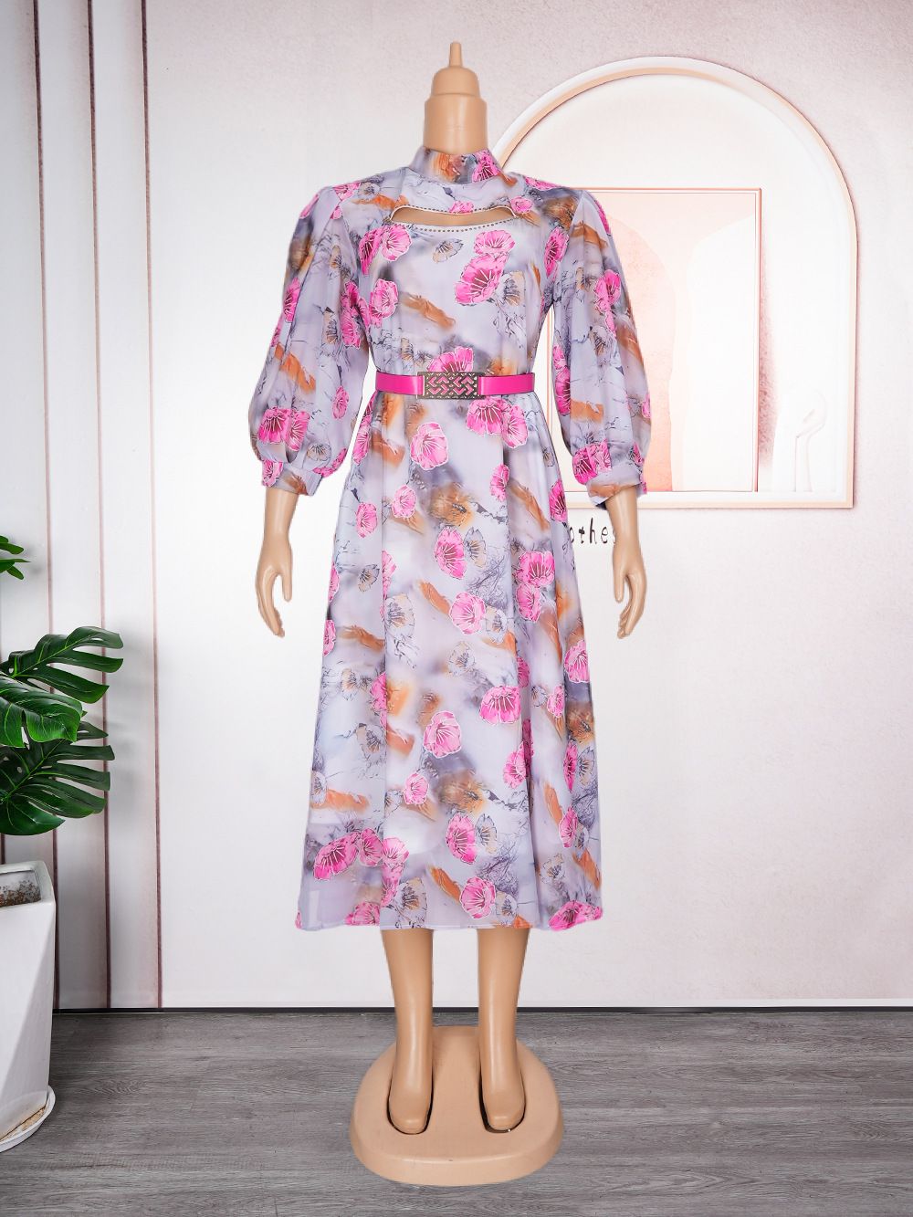 Modest Elegant Floral Long Sleeve Summer Party Banquet Short Dress With Belt For Women