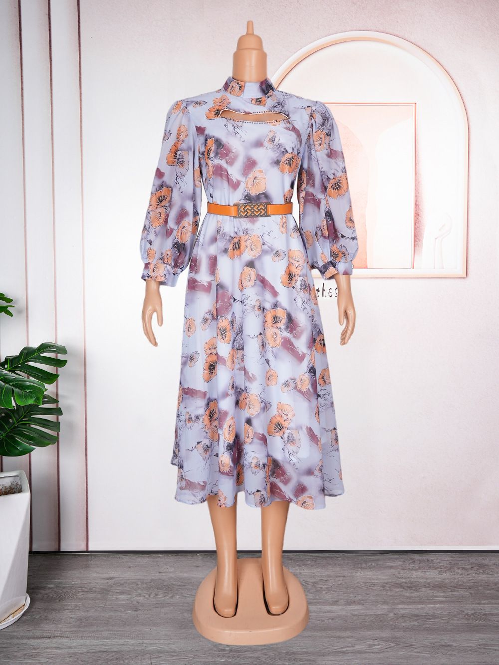 Modest Elegant Floral Long Sleeve Summer Party Banquet Short Dress With Belt For Women