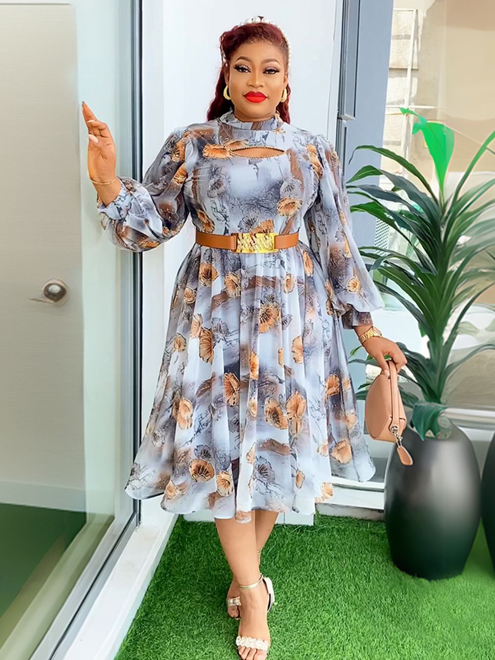 Modest Elegant Floral Long Sleeve Summer Party Banquet Short Dress With Belt For Women