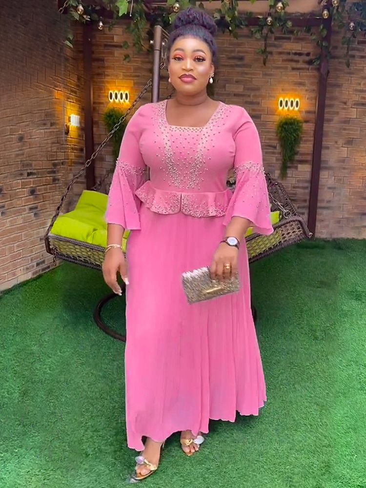 Beaded Solid Color Dress Pleated Skirt Cross-border African Large Size European and American Two-piece Summer Ladies Clothing