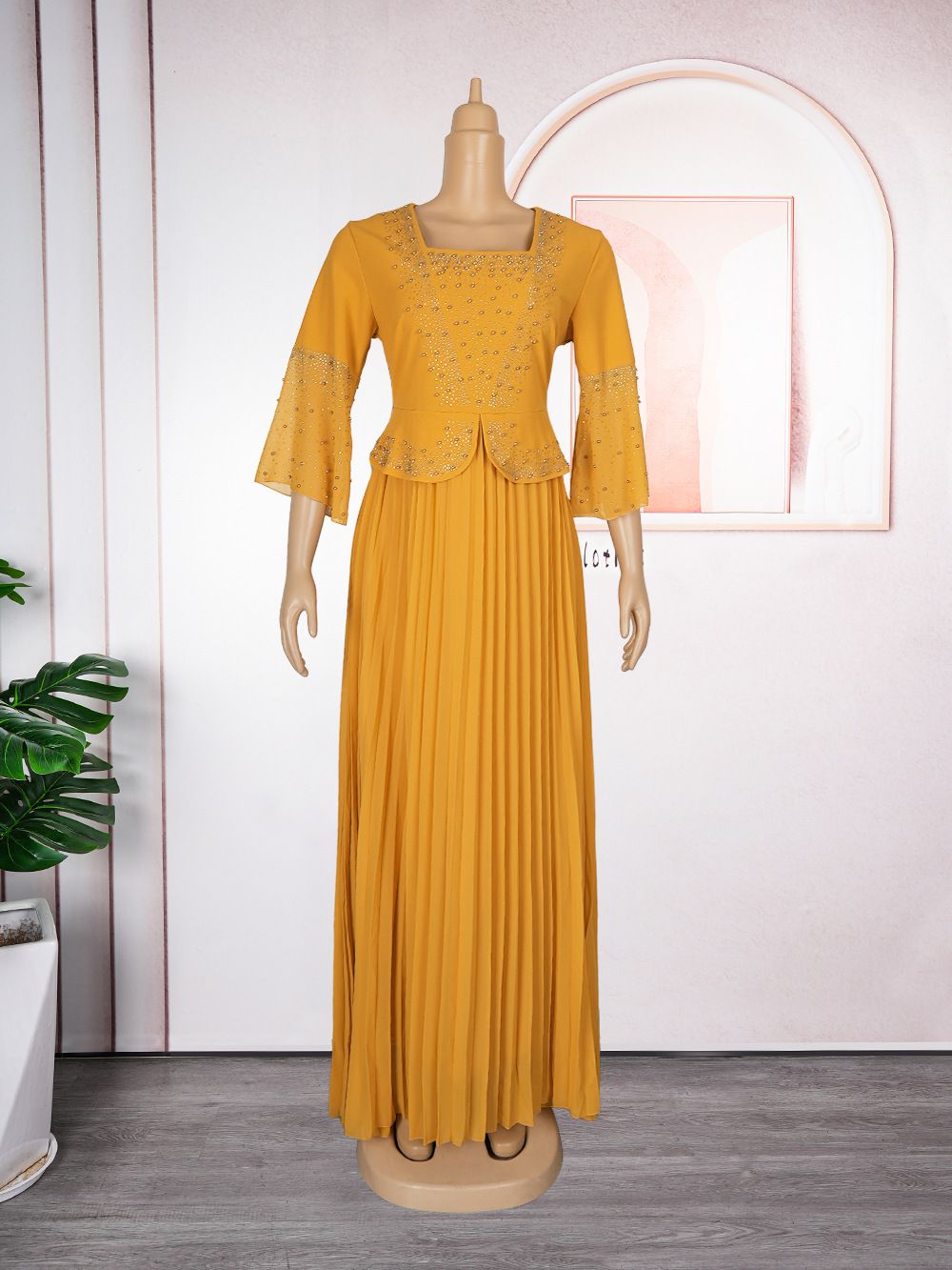 Beaded Solid Color Dress Pleated Skirt Cross-border African Large Size European and American Two-piece Summer Ladies Clothing