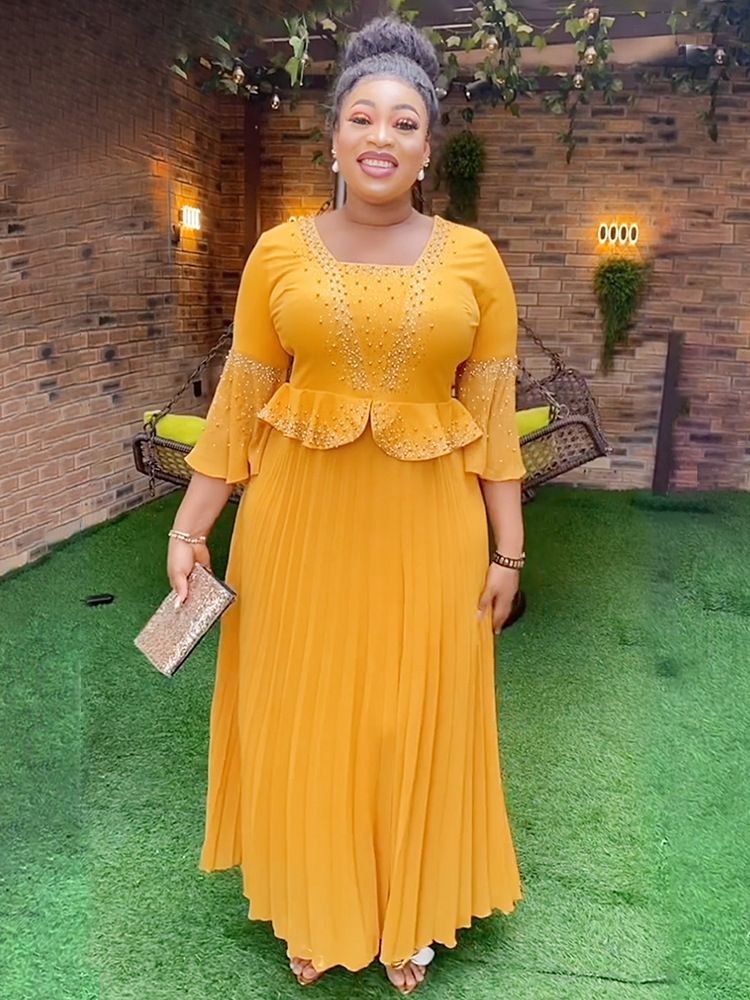 Beaded Solid Color Dress Pleated Skirt Cross-border African Large Size European and American Two-piece Summer Ladies Clothing