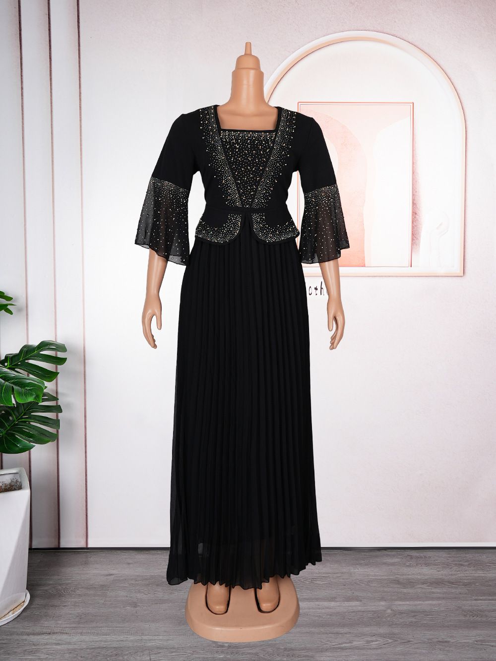 Beaded Solid Color Dress Pleated Skirt Cross-border African Large Size European and American Two-piece Summer Ladies Clothing