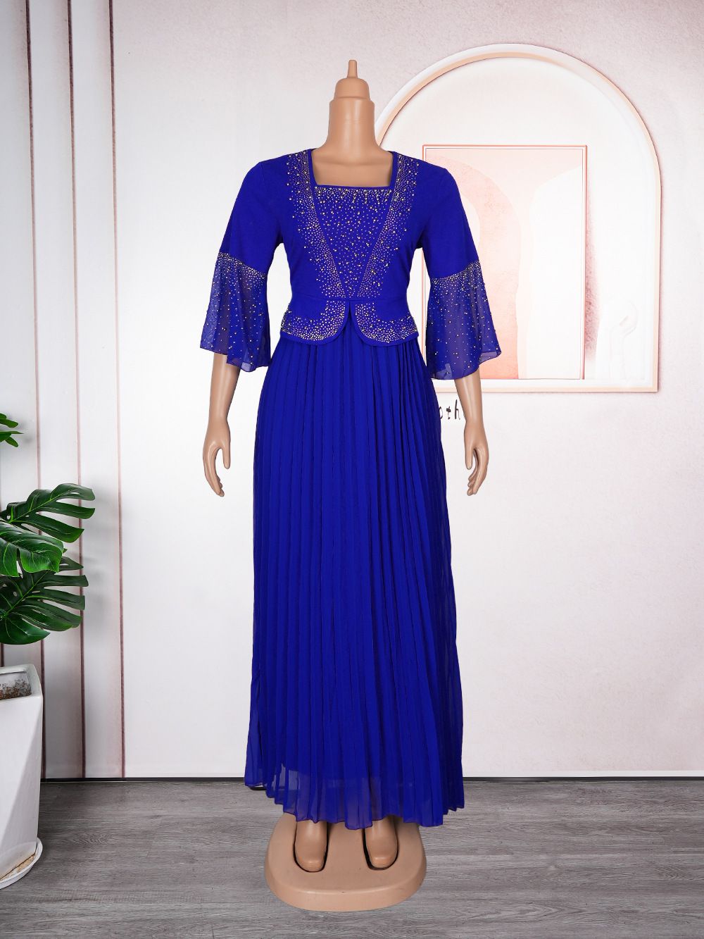 Beaded Solid Color Dress Pleated Skirt Cross-border African Large Size European and American Two-piece Summer Ladies Clothing